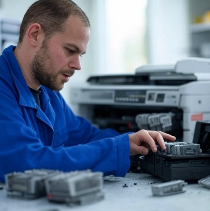 Joven reparando impresora